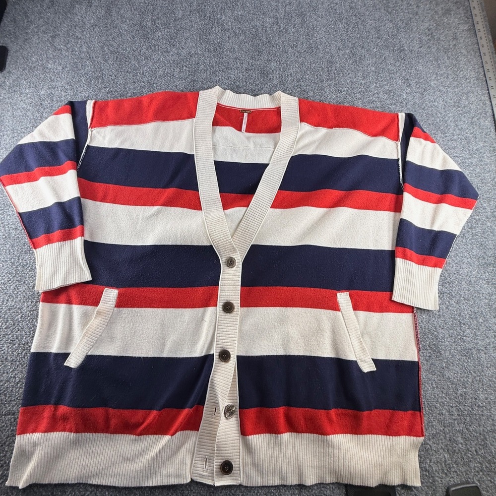 Free People Striped Oversized Cardigan Red White Navy Blue V-Neck Pockets Small